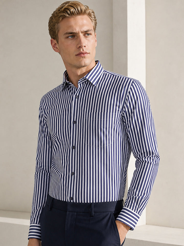 Men White-Navy Striped Pure Cotton Slim Fit Formal Shirt