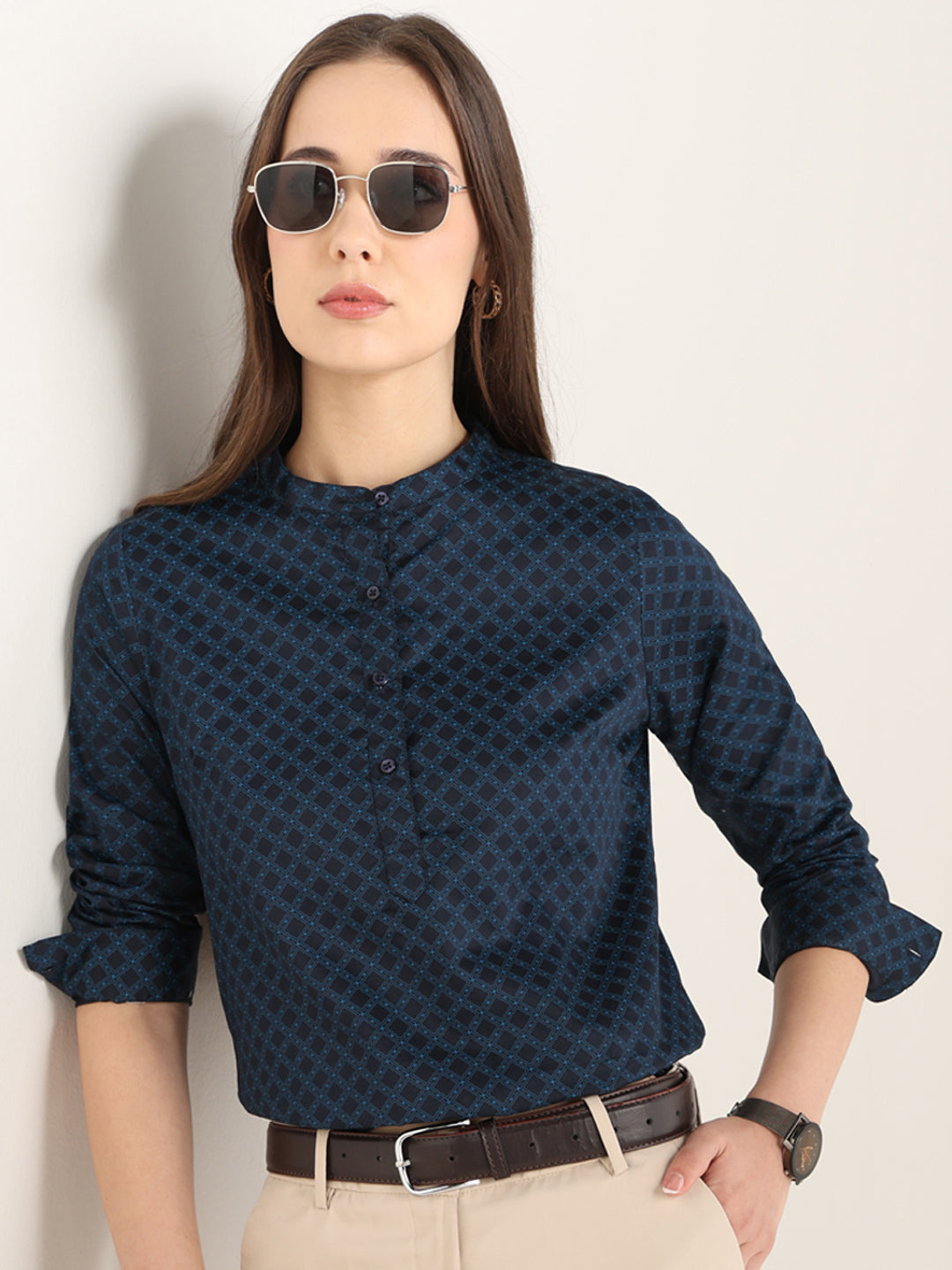 Hancock Women Navy Blue Printed Pure Cotton Regular Fit Formal Top