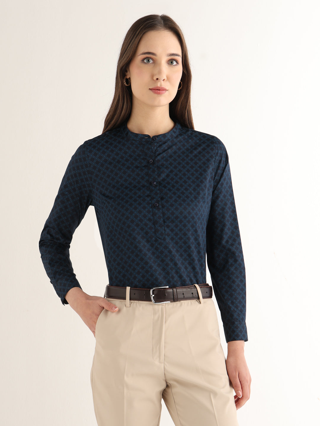 Hancock Women Navy Blue Printed Pure Cotton Regular Fit Formal Top