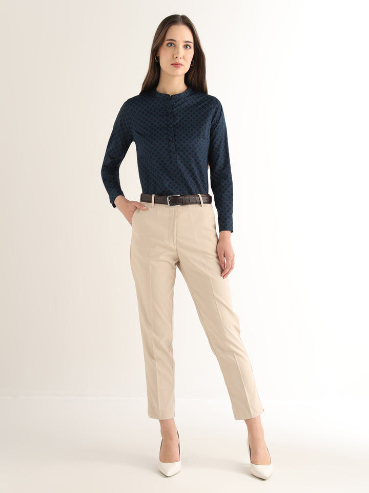 Hancock Women Navy Blue Printed Pure Cotton Regular Fit Formal Top