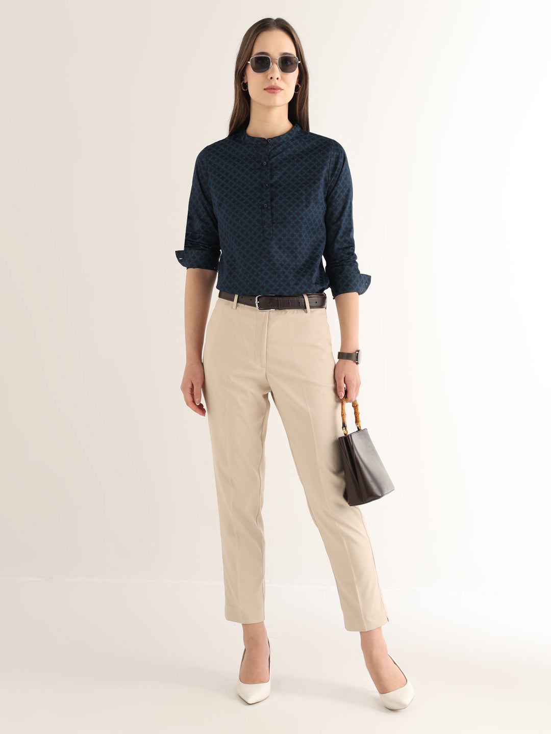 Hancock Women Navy Blue Printed Pure Cotton Regular Fit Formal Top