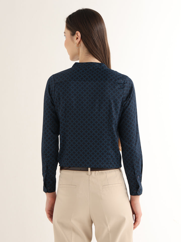 Hancock Women Navy Blue Printed Pure Cotton Regular Fit Formal Top