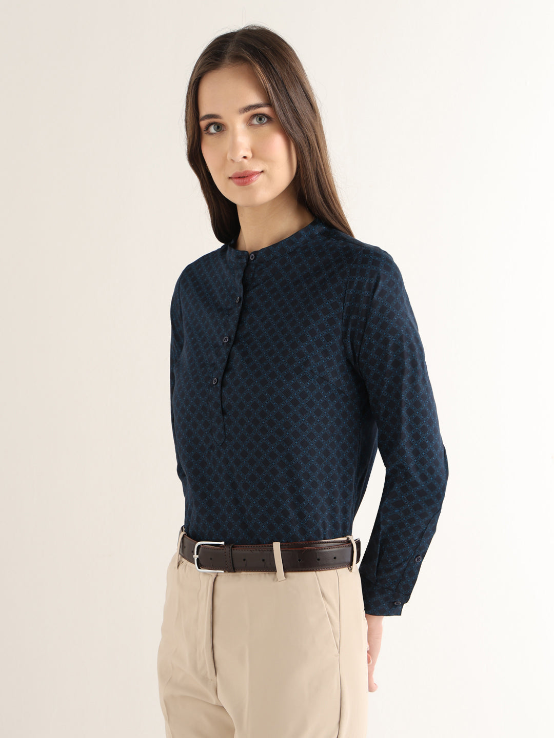 Hancock Women Navy Blue Printed Pure Cotton Regular Fit Formal Top