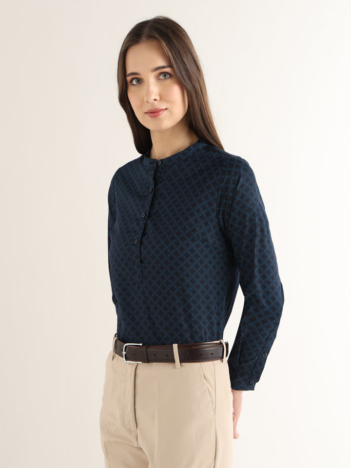 Hancock Women Navy Blue Printed Pure Cotton Regular Fit Formal Top