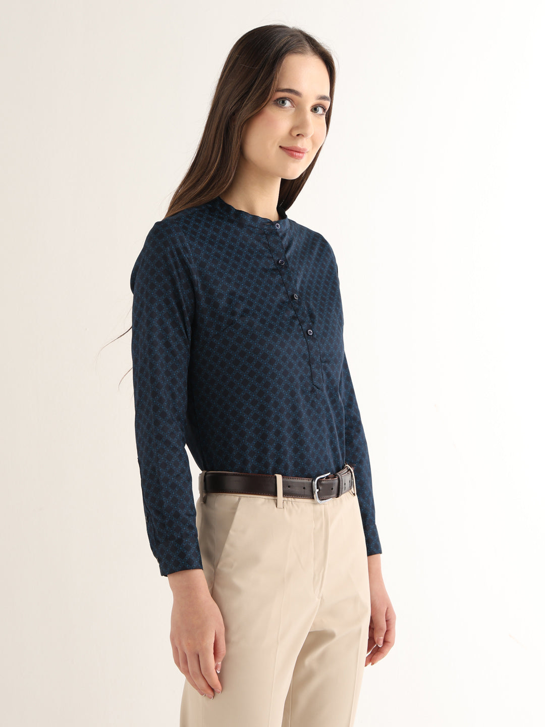 Hancock Women Navy Blue Printed Pure Cotton Regular Fit Formal Top