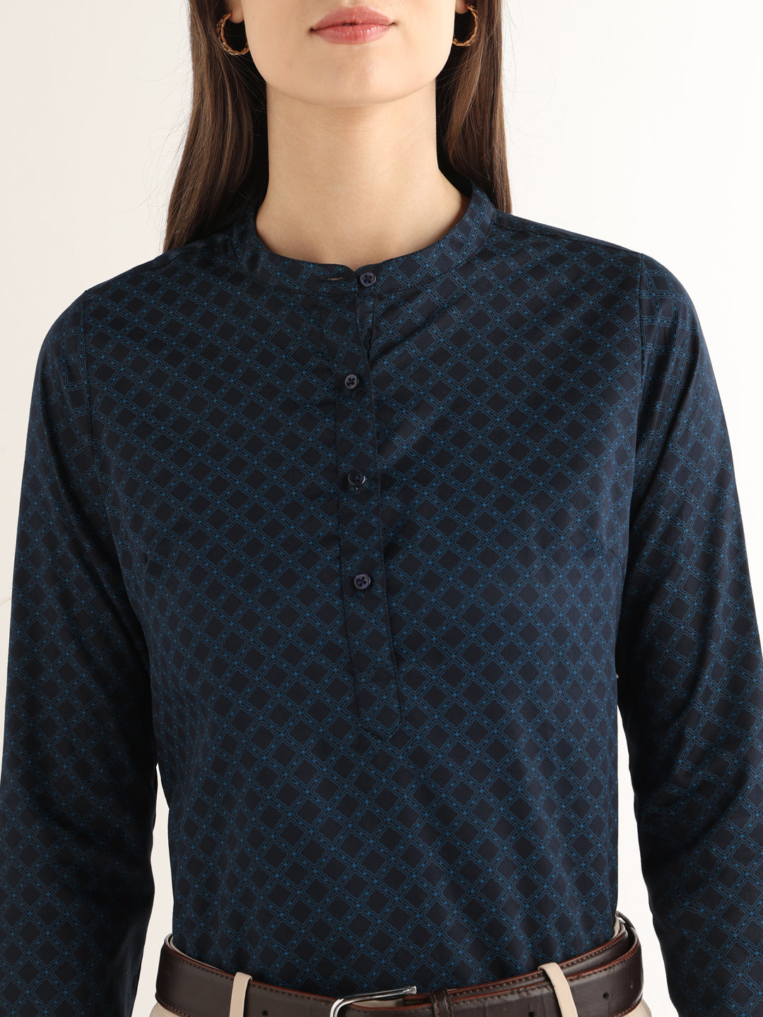 Hancock Women Navy Blue Printed Pure Cotton Regular Fit Formal Top
