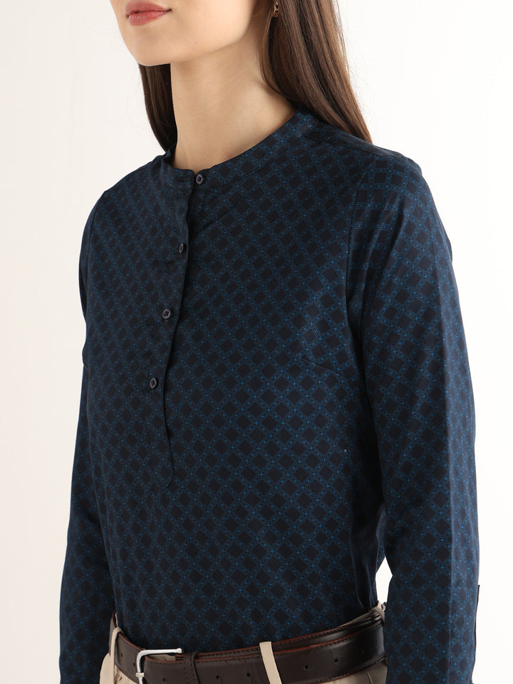 Hancock Women Navy Blue Printed Pure Cotton Regular Fit Formal Top