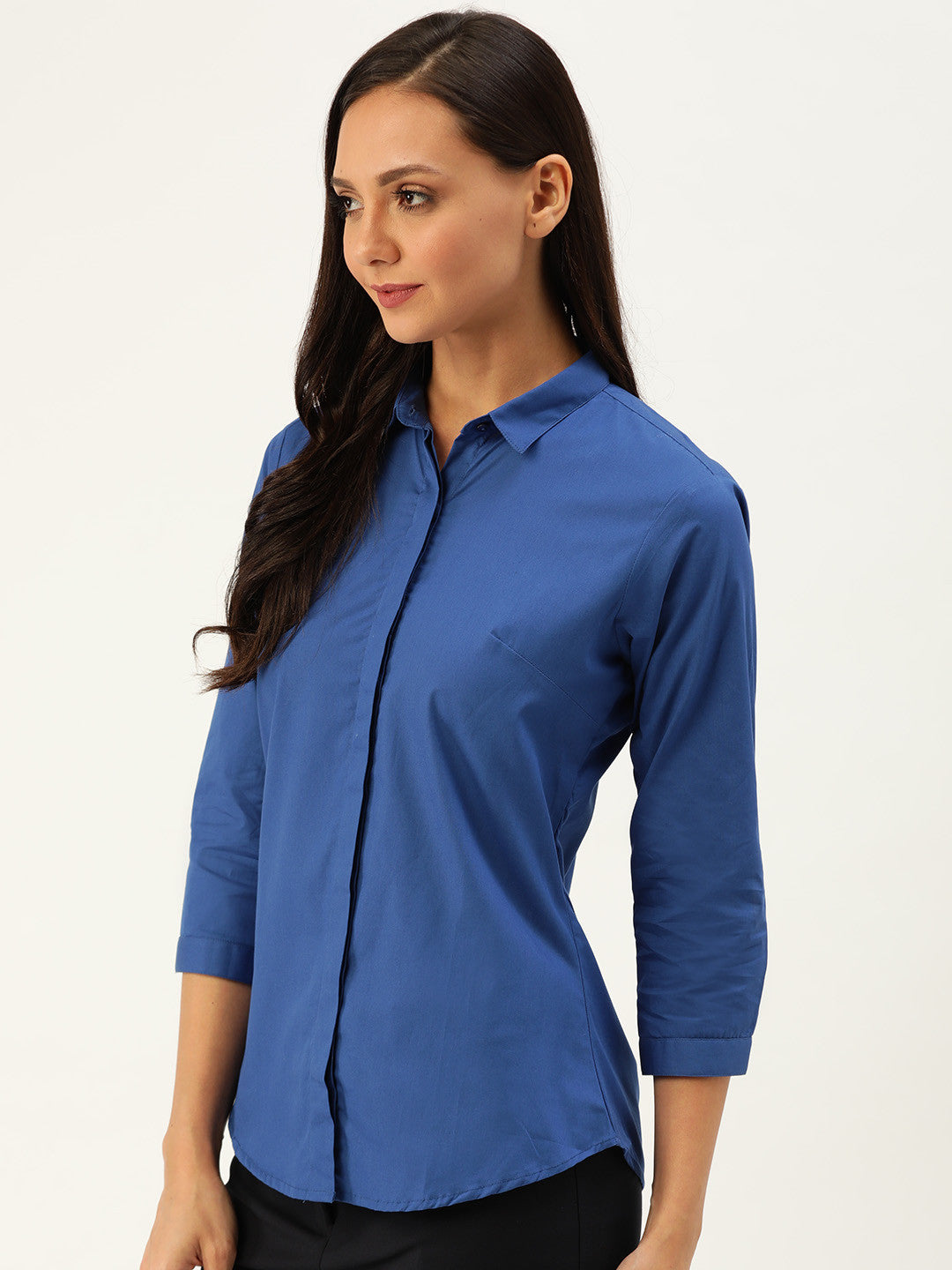 Women Royal Blue Solid Pure Cotton Slim Fit Formal Shirt
