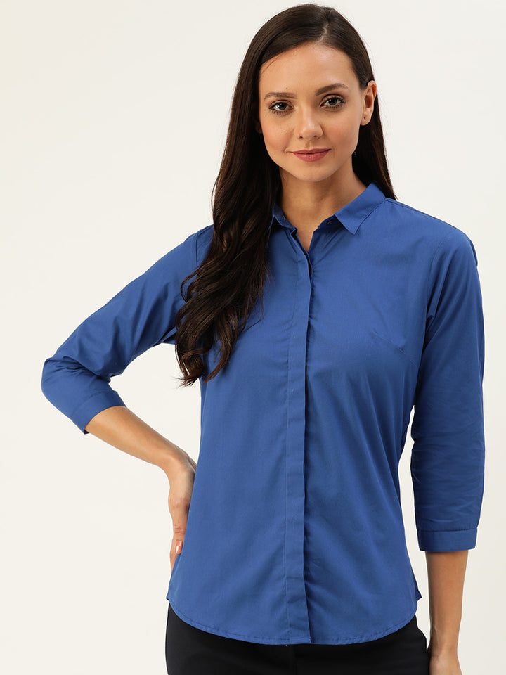 Women Royal Blue Solid Pure Cotton Slim Fit Formal Shirt
