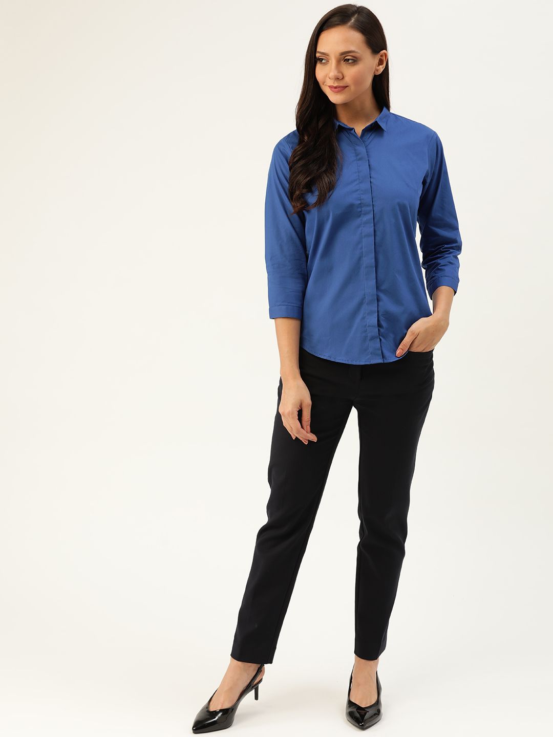 Women Royal Blue Solid Pure Cotton Slim Fit Formal Shirt