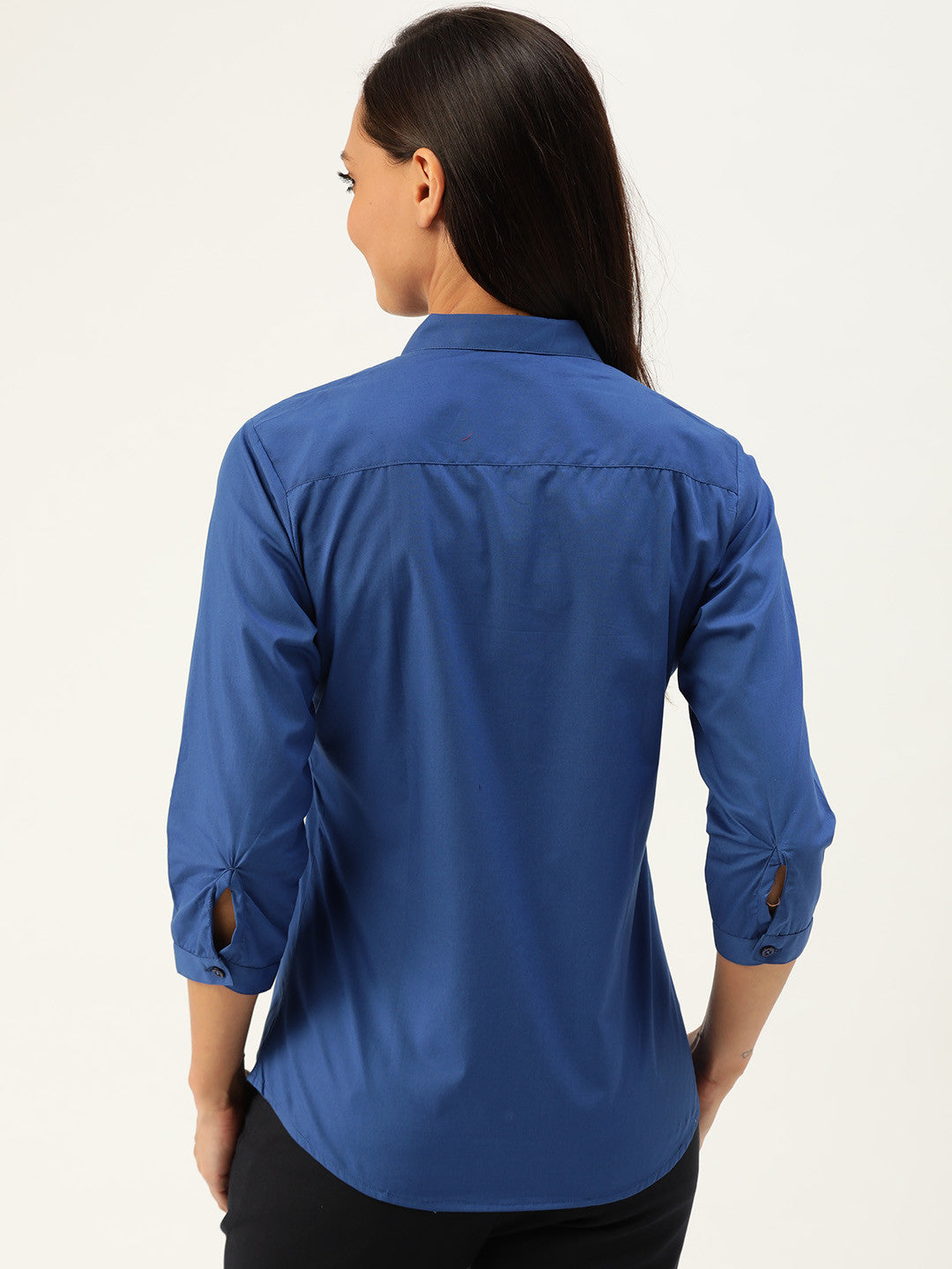 Women Royal Blue Solid Pure Cotton Slim Fit Formal Shirt