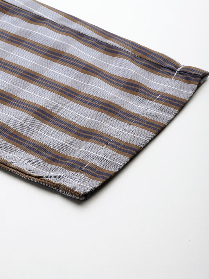 Men Grey & Brown Checked Pure Cotton Relaxed Fit Night Suit