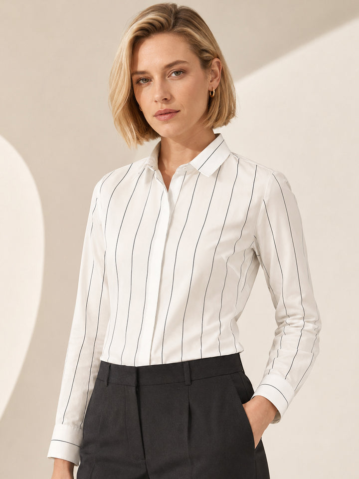 Women White Stripes Pure Cotton Slim Fit Formal Shirt