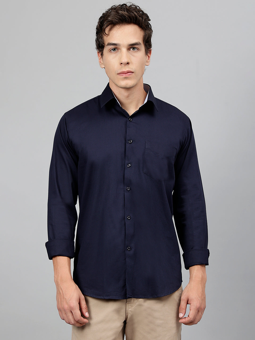 Men Navy Blue Solid Pure Cotton Slim Fit Casual Shirt