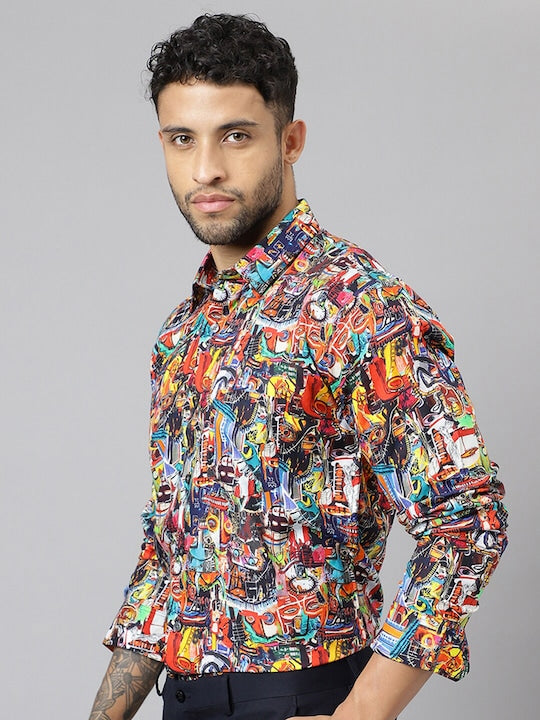 Men Multi color Conversational Printed Viscose Rayon Slim Fit Party Shirt