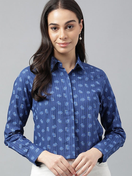 Women Blue Prints Pure Cotton Regular Fit Formal Shirt