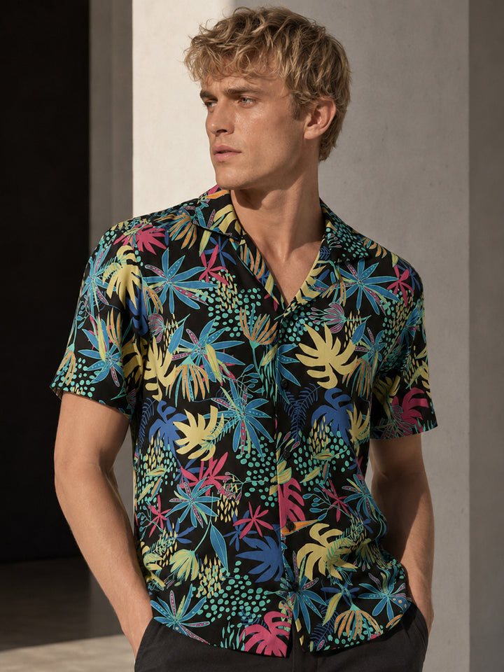 Men Black & Pink Printed Viscose Rayon Regular Fit Casual Resort Shirt