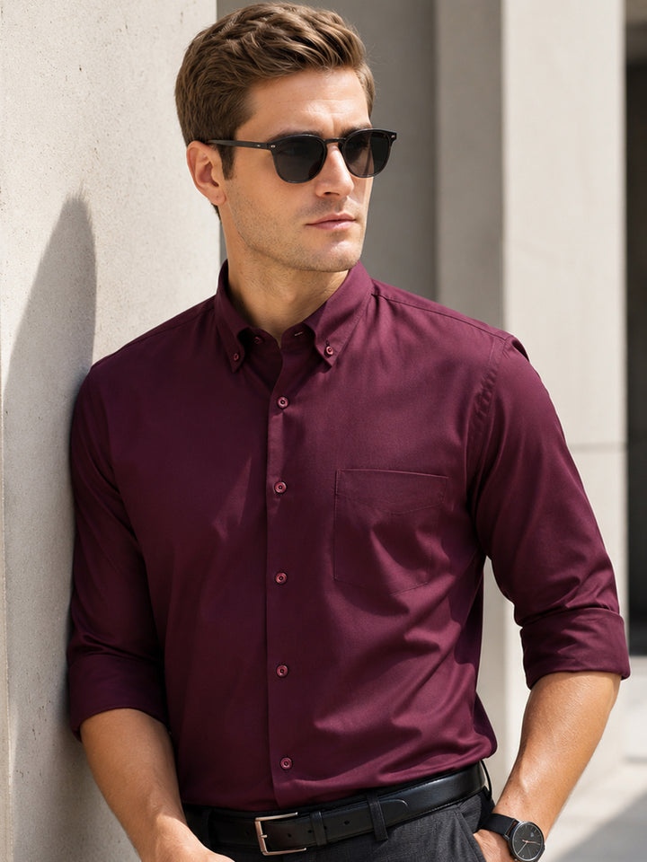 Men Maroon Solid Pure Cotton Slim Fit Formal Shirt