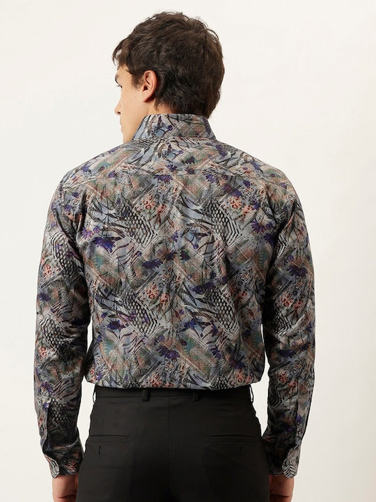 Men Grey & Multi Cotton Satin Abstract Digital Printed Slim Fit Party Shirt