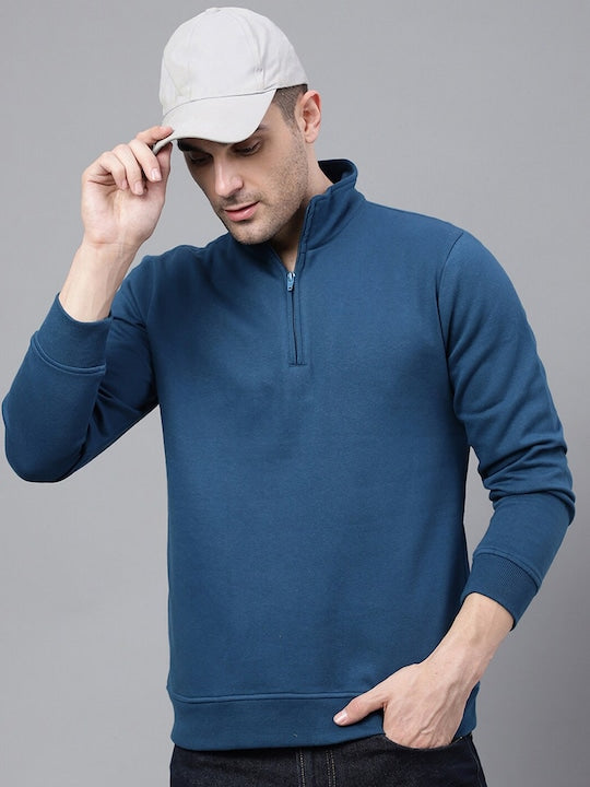 Men Turquoise Blue Solid Half Zipper Long Sleeves Fleece Sweatshirt