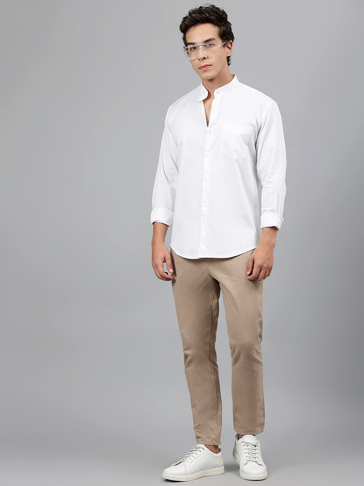 Men White Solid Pure Cotton Mandarin Collar Slim Fit Casual Shirt