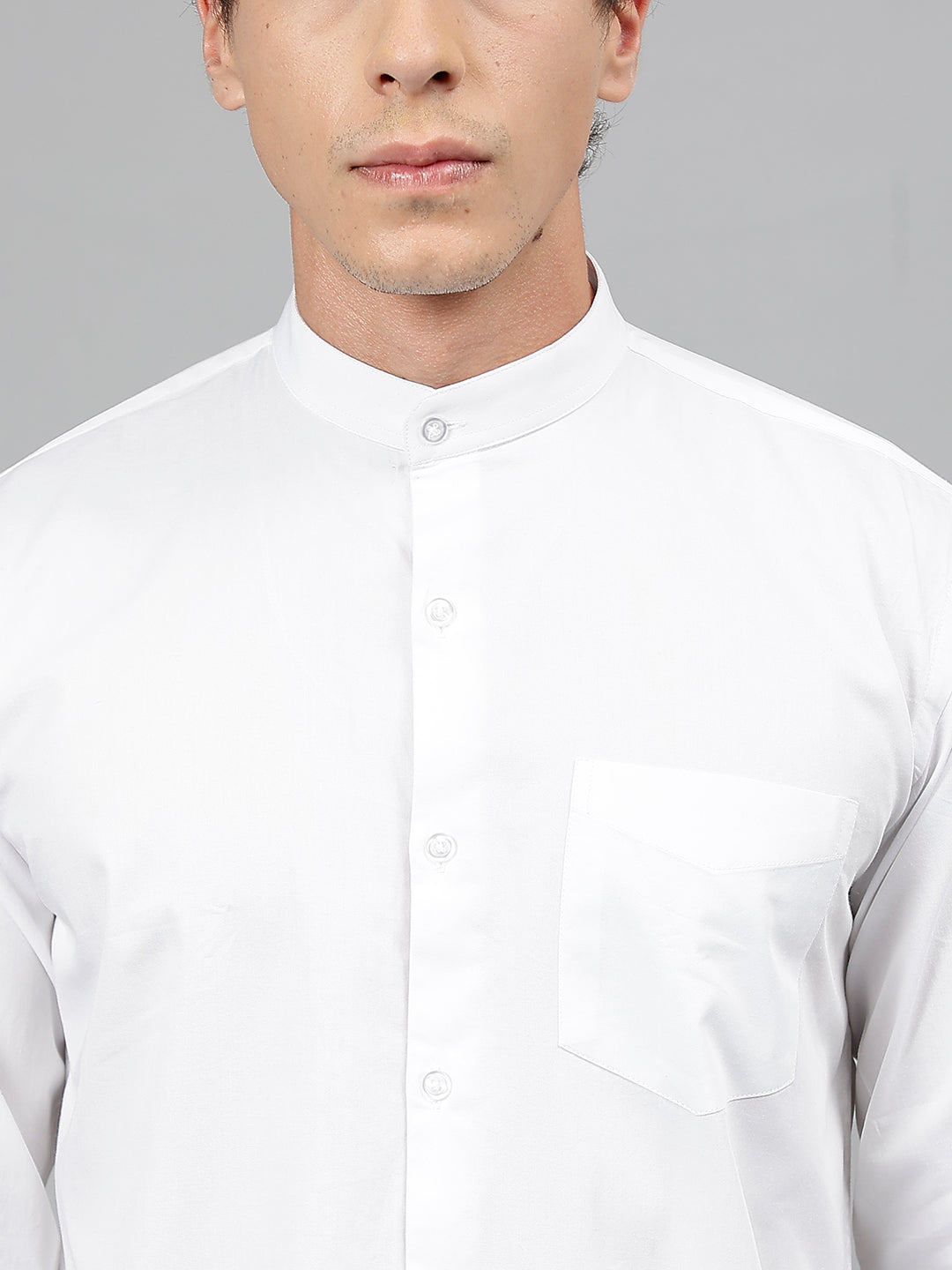 Men White Solid Pure Cotton Mandarin Collar Slim Fit Casual Shirt