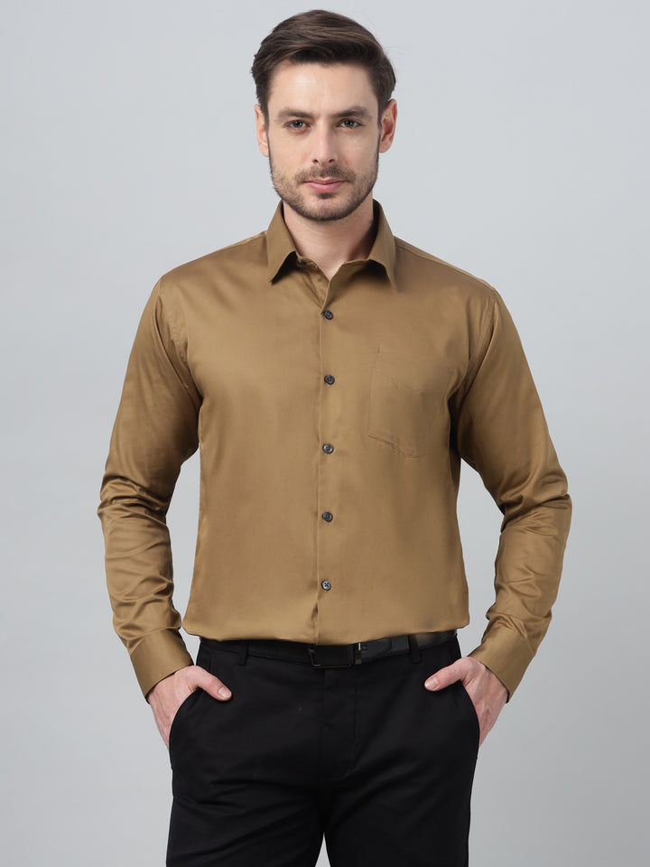 Hancock Men Sepia Brown Solid Spread Collar Slim Fit Formal Shirt