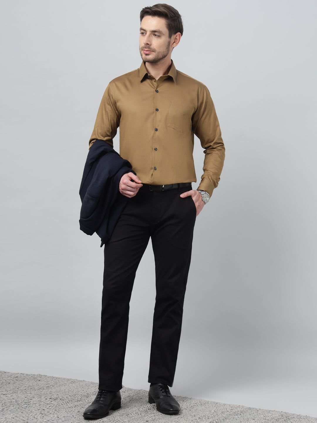 Hancock Men Sepia Brown Solid Spread Collar Slim Fit Formal Shirt