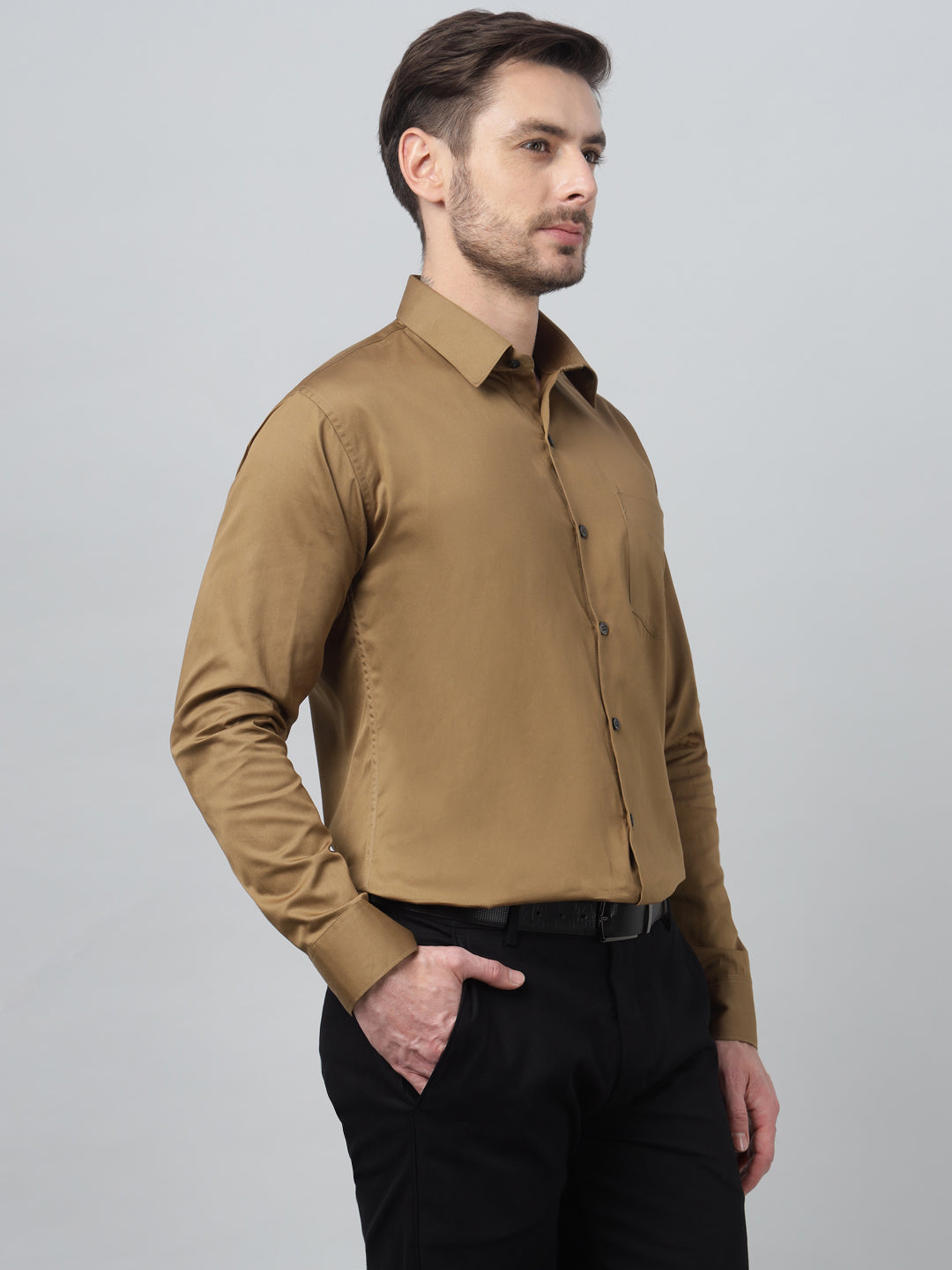 Hancock Men Sepia Brown Solid Spread Collar Slim Fit Formal Shirt