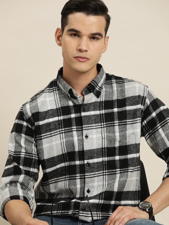 Men Black & White Checks Pure Cotton Slim fit Casual Shirt