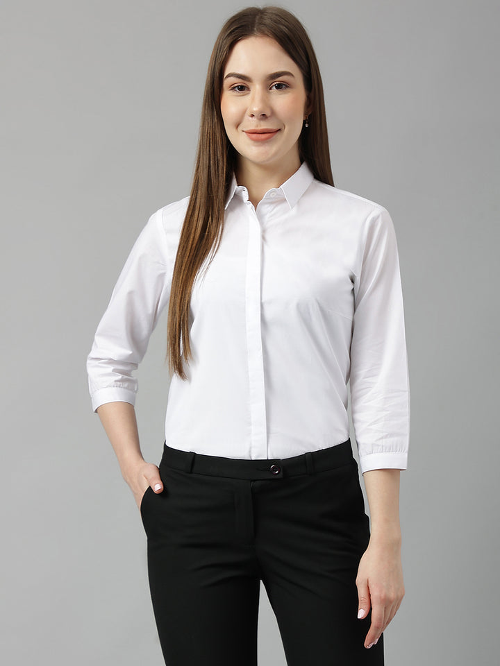 Women White Solid Pure Cotton Slim Fit Formal Shirt