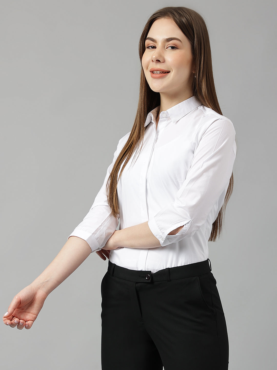 Women White Solid Pure Cotton Slim Fit Formal Shirt