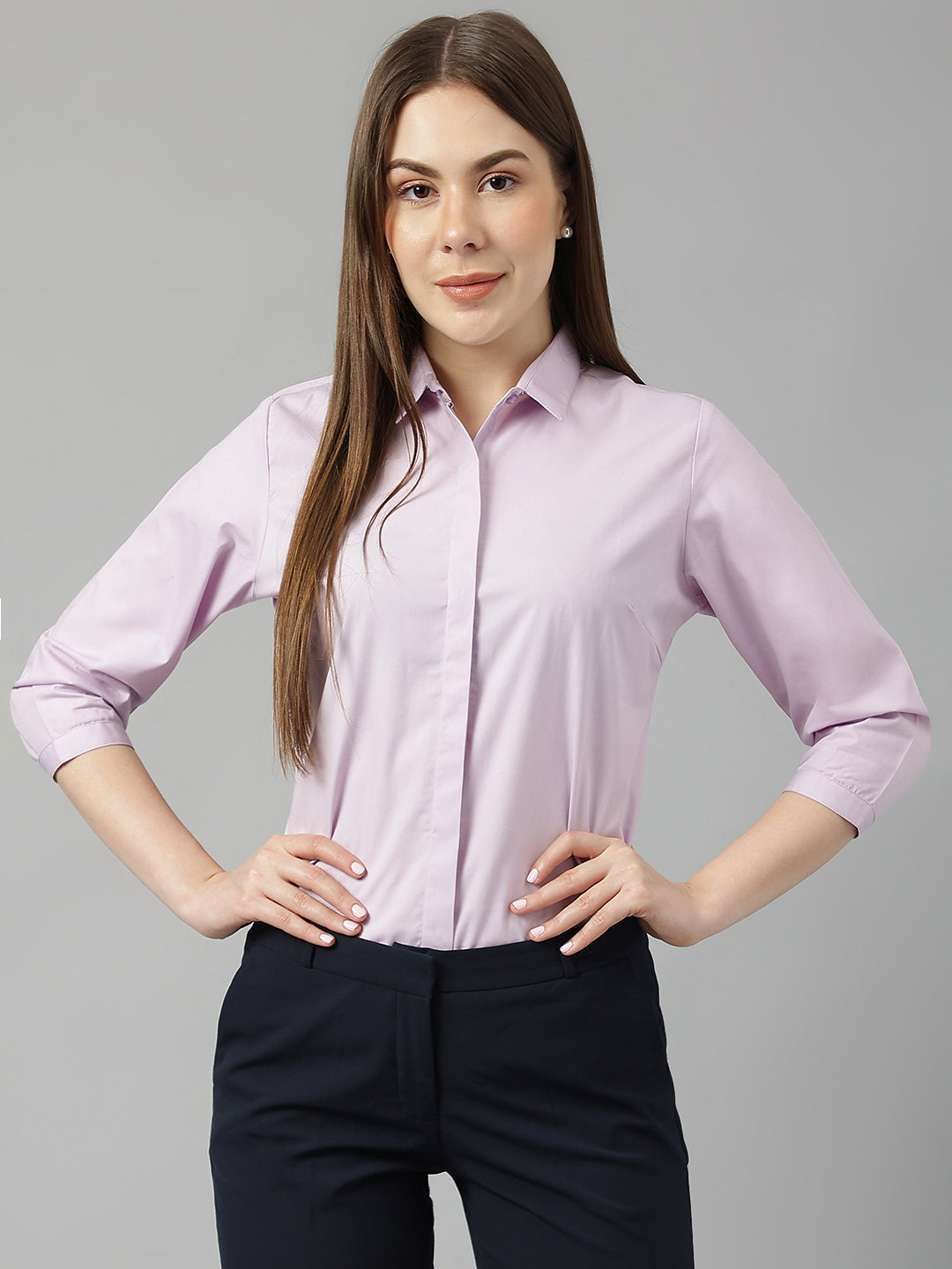 Women Purple Solid Pure Cotton Slim Fit Formal Shirt