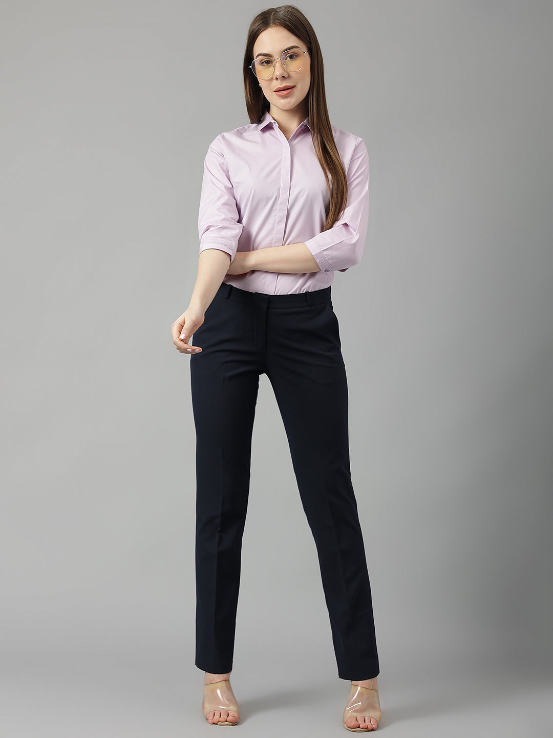 Women Purple Solid Pure Cotton Slim Fit Formal Shirt