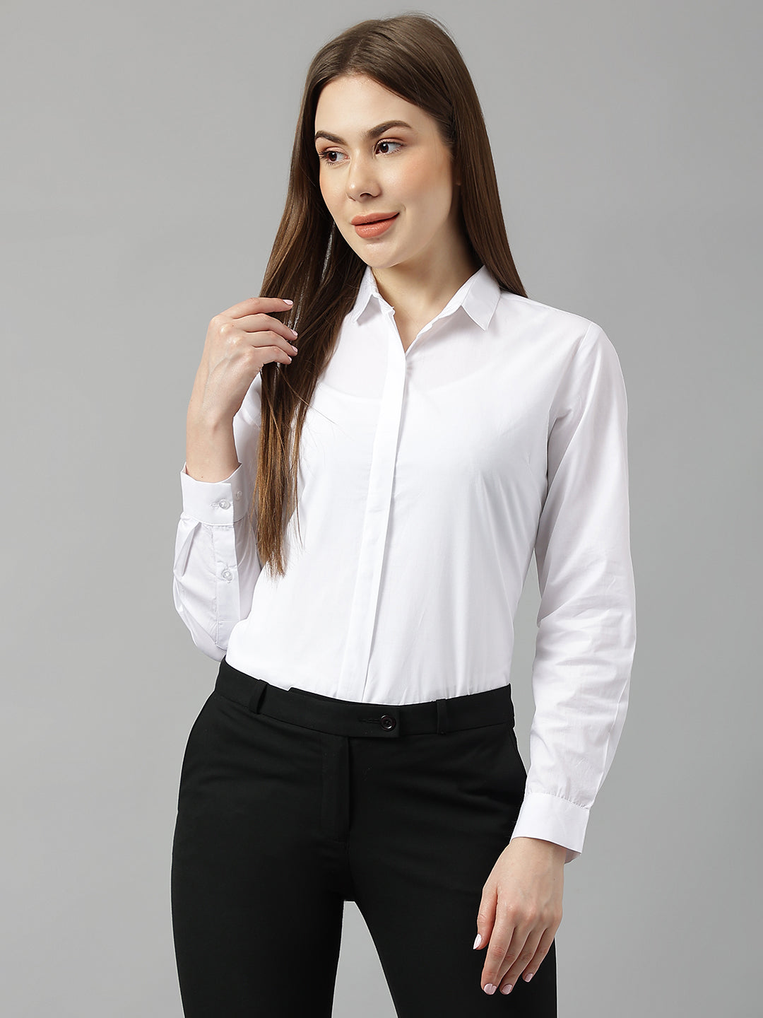 Women White Solid Pure Cotton Slim Fit Formal Shirt