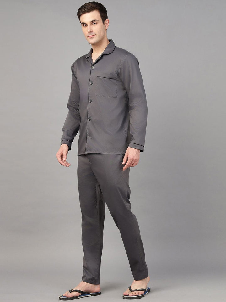 Hancock Men Dark Grey Solid Pure Cotton Relaxed Fit Night Wear Night Suit