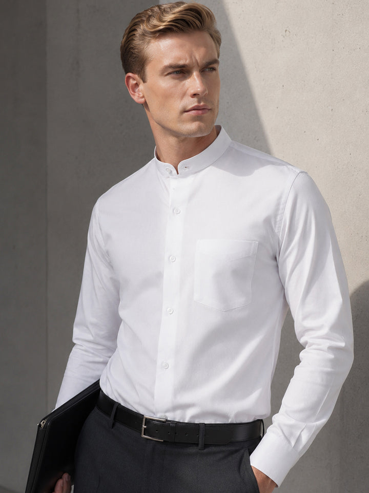 Men White Slim Fit Solid Chinese Collar Pure Cotton Formal Shirt