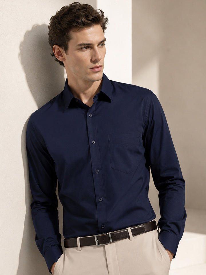 Men Navy Blue Solid Slim Fit Cotton Rich Formal Shirt