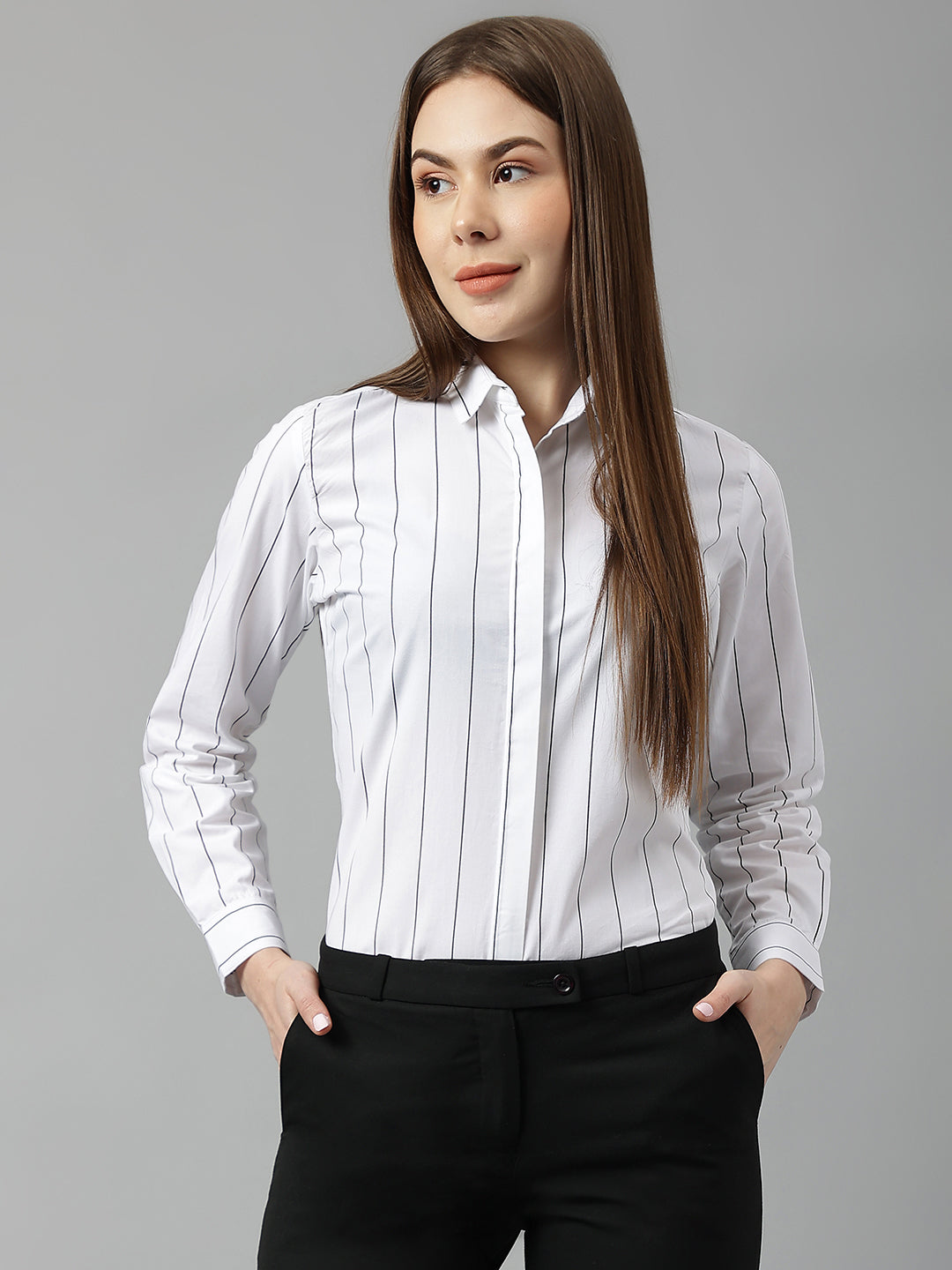 Women White Stripes Pure Cotton Slim Fit Formal Shirt