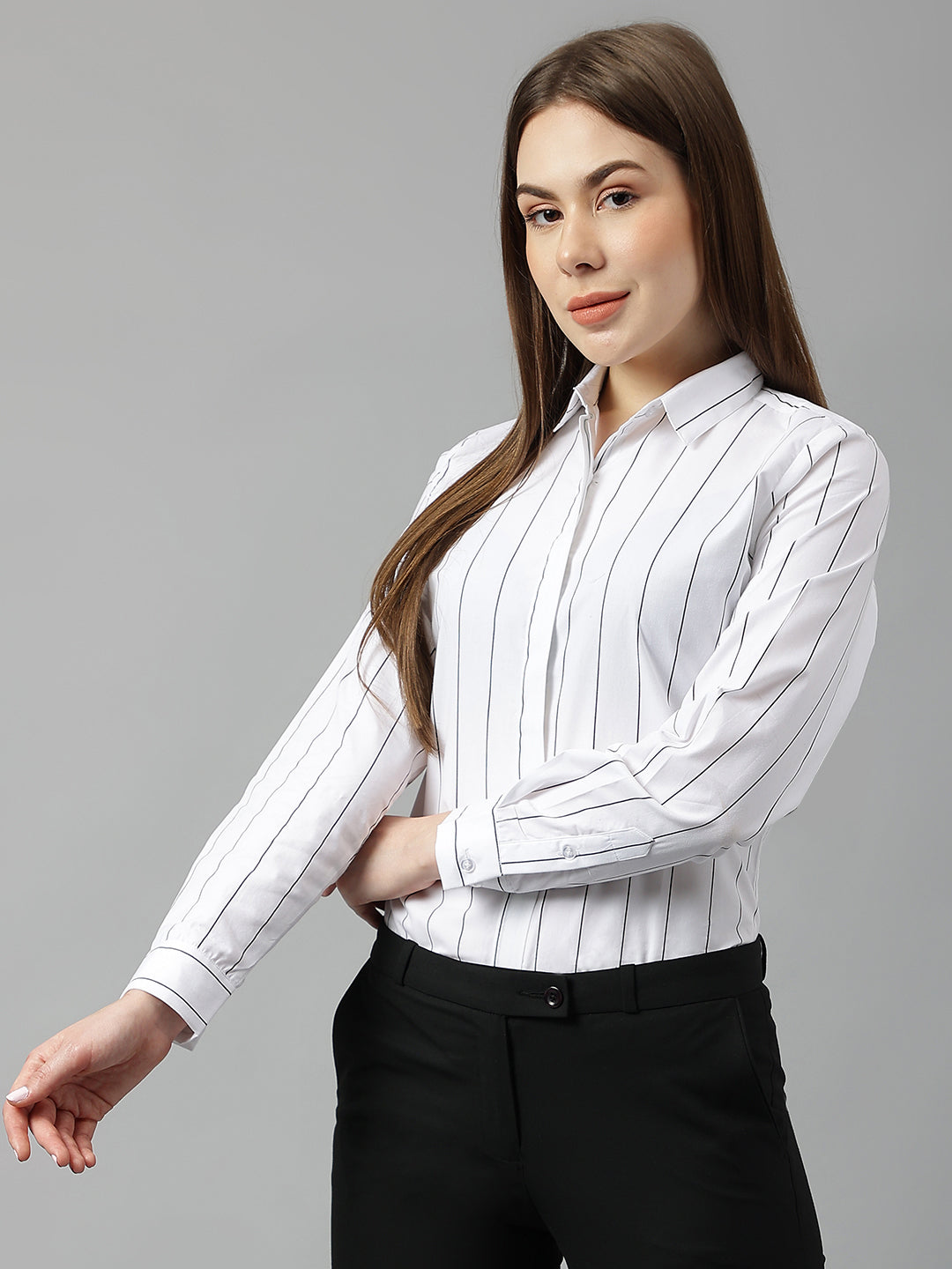 Women White Stripes Pure Cotton Slim Fit Formal Shirt