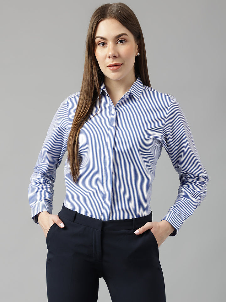 Women White&Blue Stripes Pure Cotton Slim Fit Formal Shirt