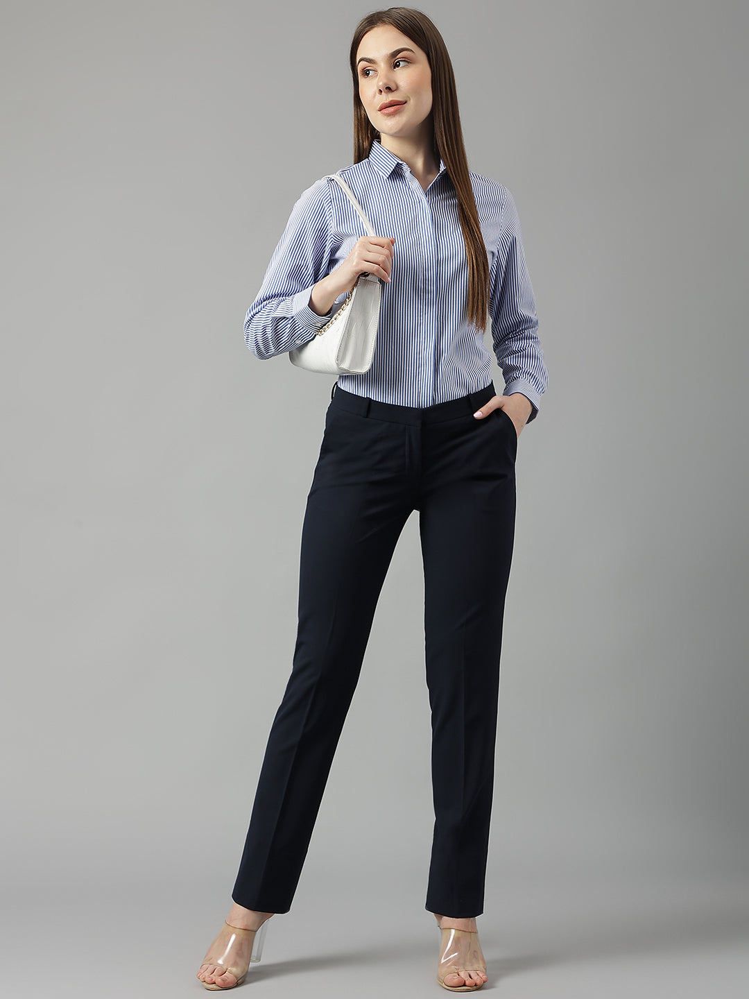 Women White&Blue Stripes Pure Cotton Slim Fit Formal Shirt