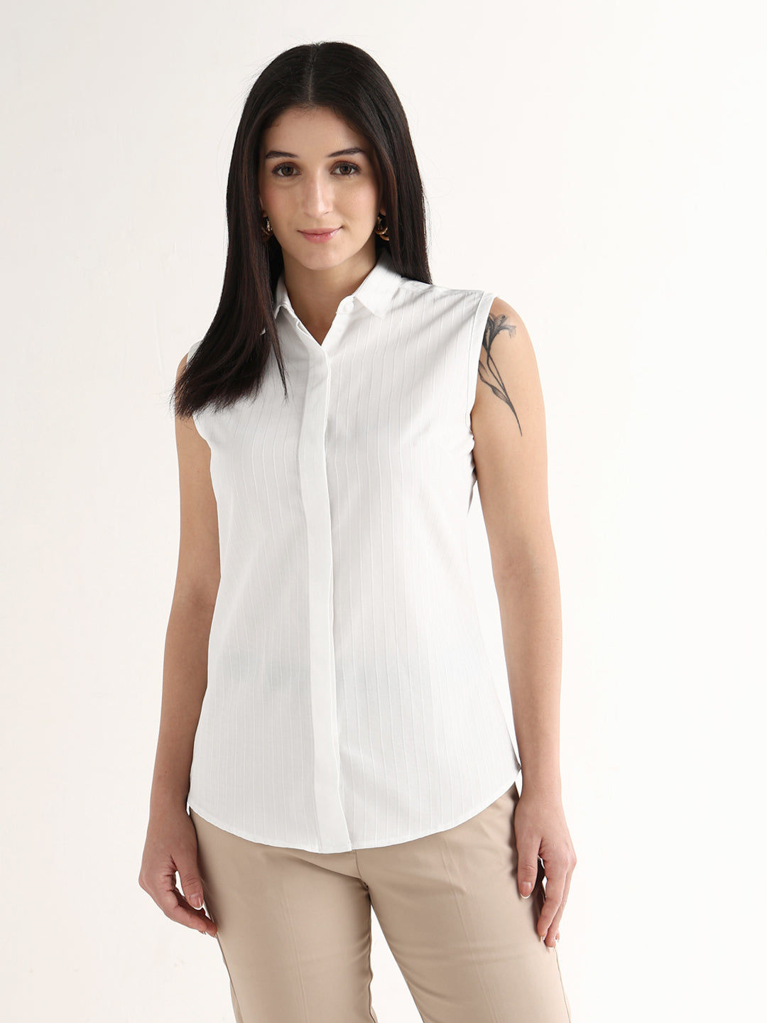 Hancock   Women   White   Stripes   Pure Cotton   Slim Fit   Formal   Shirt