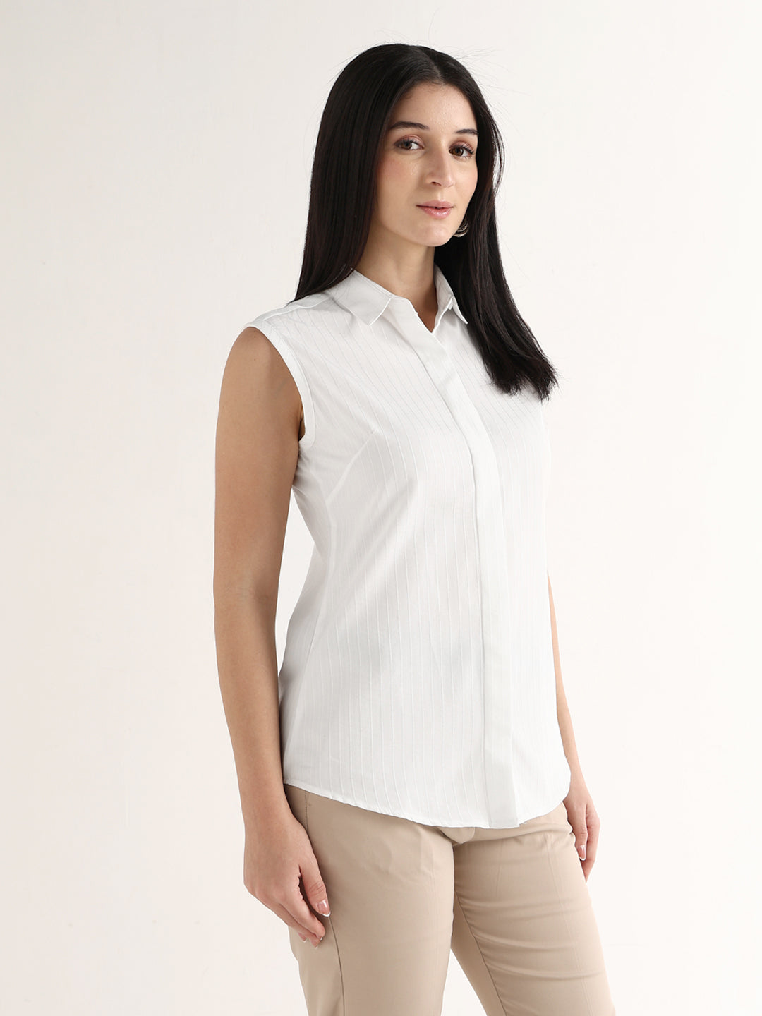 Hancock   Women   White   Stripes   Pure Cotton   Slim Fit   Formal   Shirt