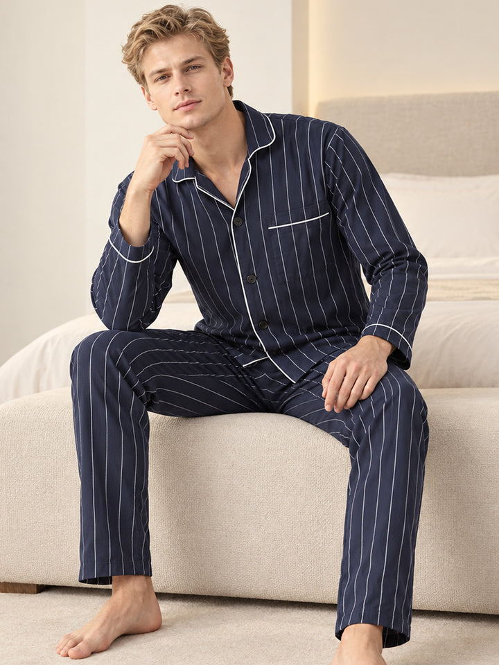 Men Navy Stripes Pure Cotton Regular Fit Night Wear Night Suit