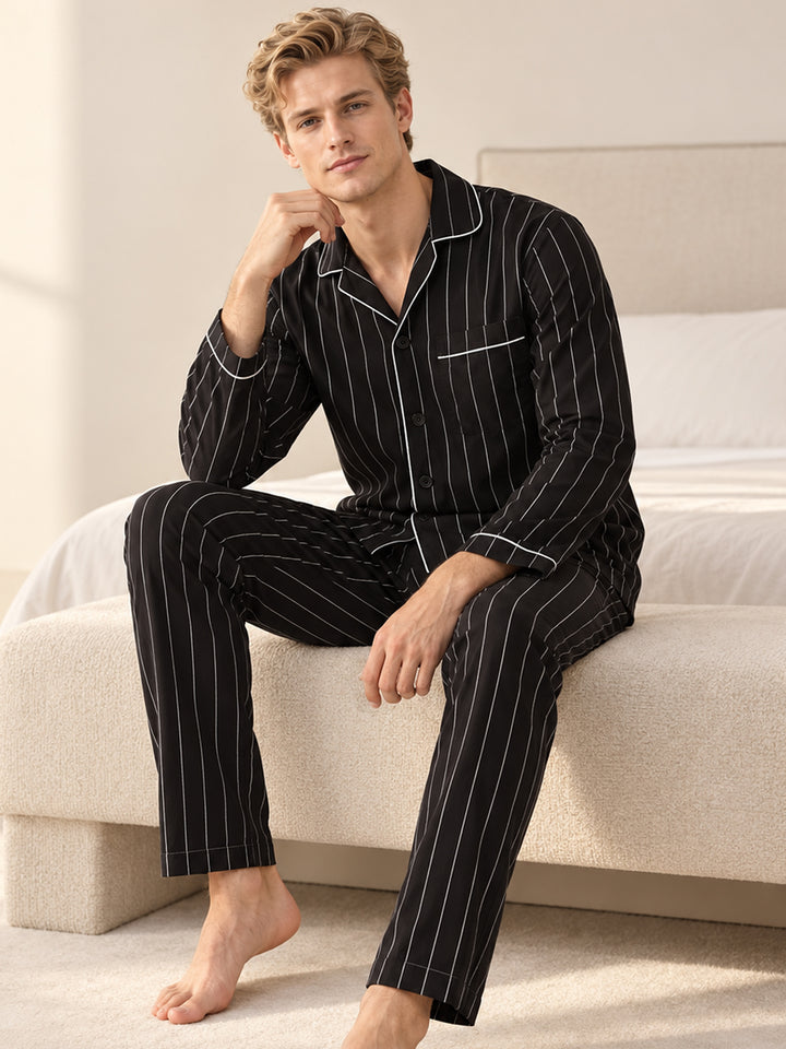 Men Black Stripes Pure Cotton Regular Fit Night Wear Night Suit