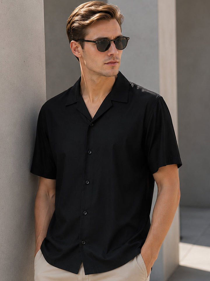 Men Black Solid Viscose Rayon Relaxed Fit Casual Resort Shirt