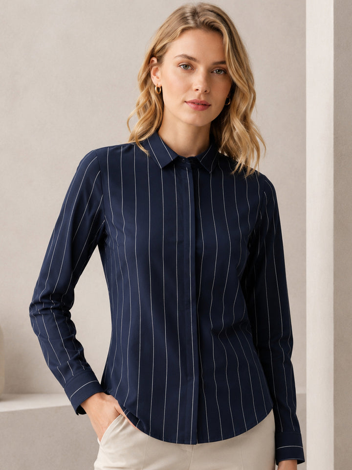Women Navy Stripes Pure Cotton Slim Fit Formal Shirt