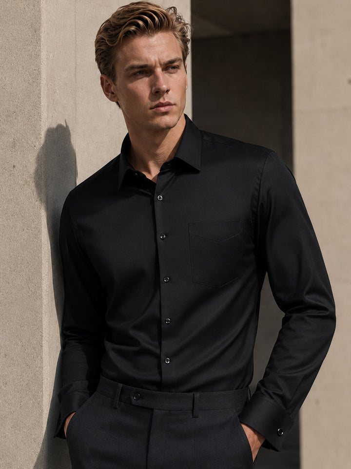 Men Black Solid Pure Cotton Regular Fit French Cuff Formal Shirt