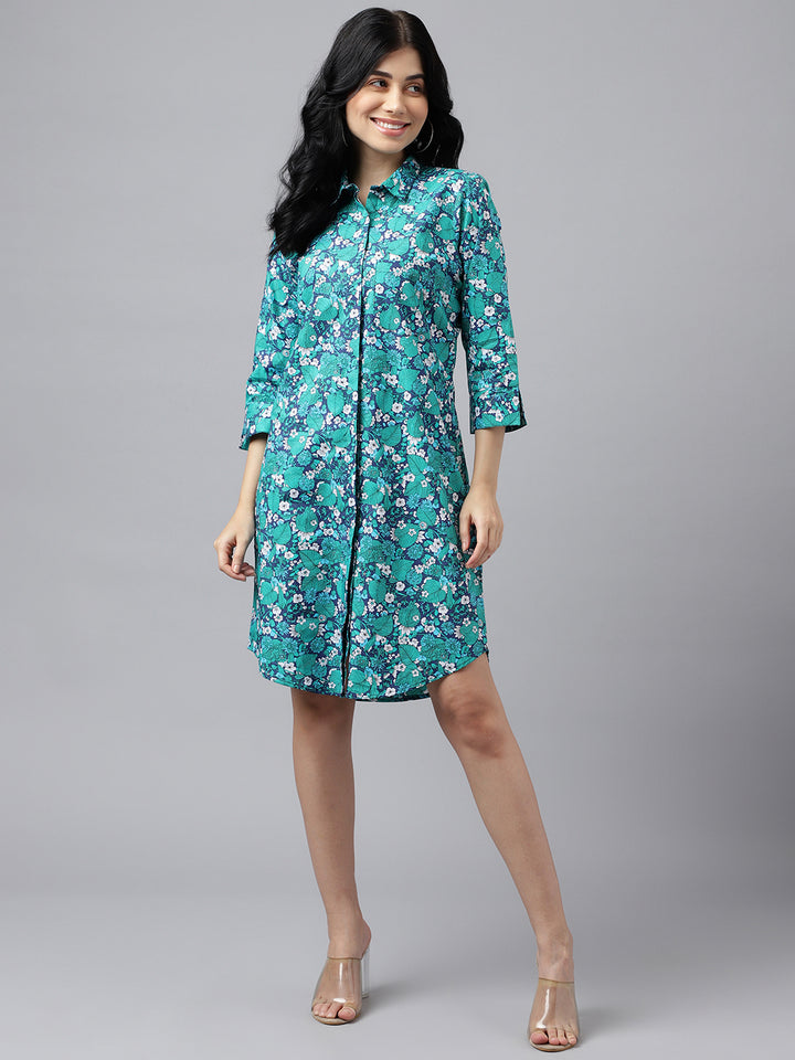 Women Green & Navy Blue Floral Print Pure Cotton Knee Length Formal Dress